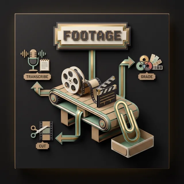 Footage lanes, film strips routed along a paper pipeline